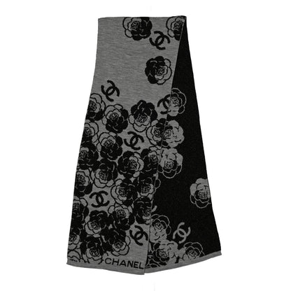 Chanel Wool Cashmere Viscose Metallic Fiber Camellia Scarf Black Grey 2 of 4