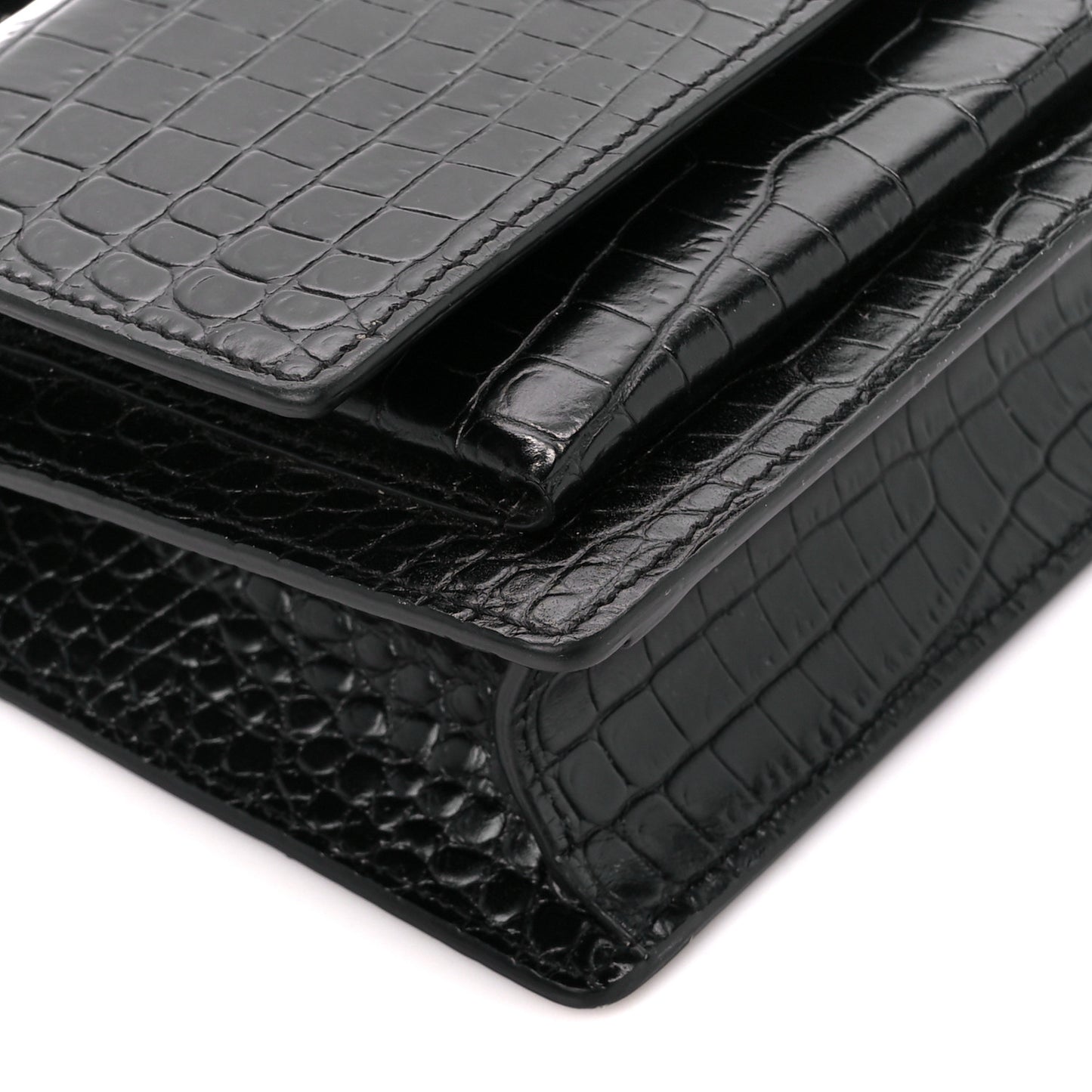 Calfskin Crocodile Embossed Monogram Sunset Chain Wallet Black