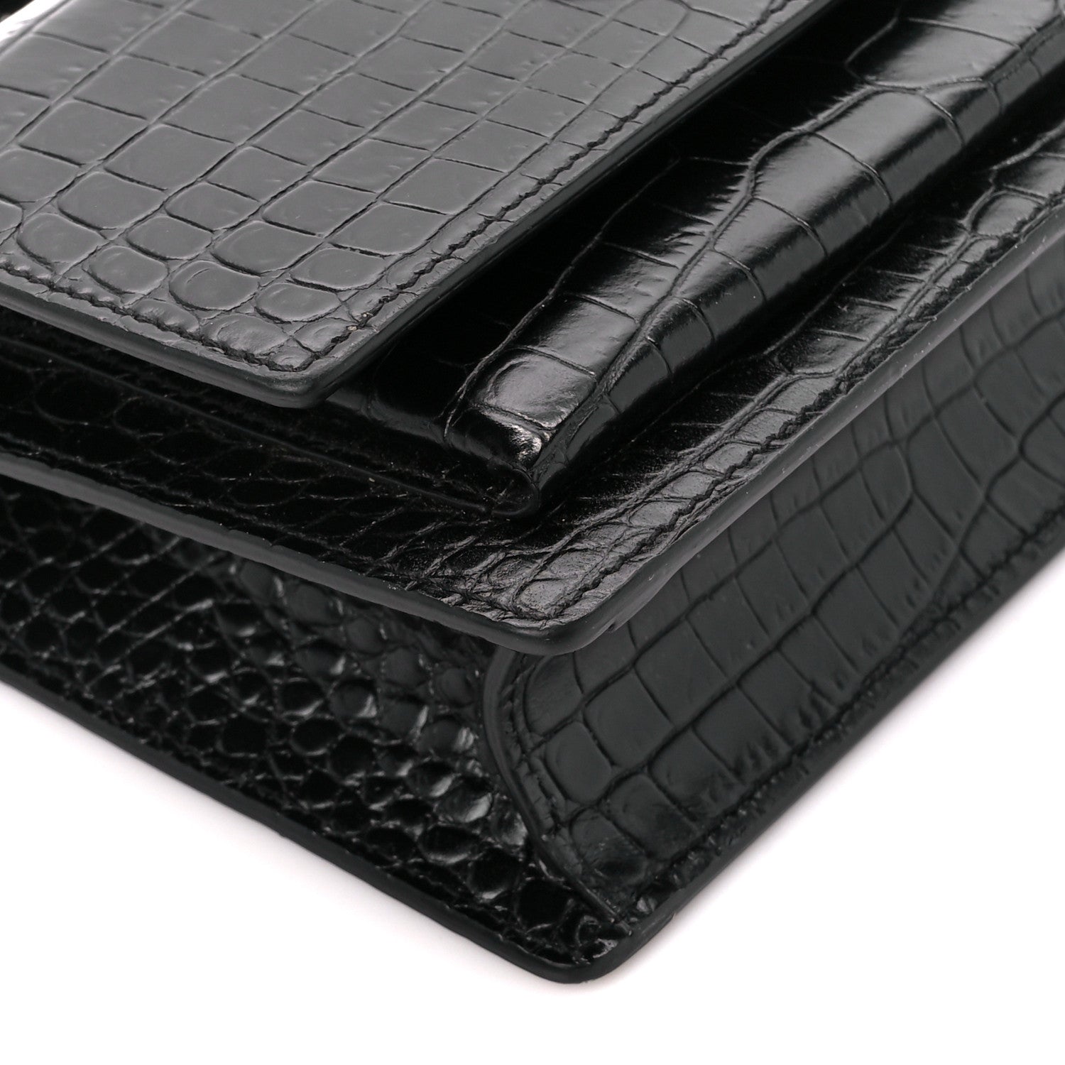 Saint Laurent Calfskin Crocodile Embossed Monogram Sunset Chain Wallet Black 8 of 9