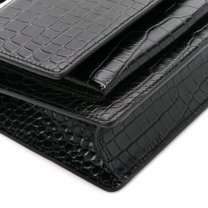 Saint Laurent Calfskin Crocodile Embossed Monogram Sunset Chain Wallet Black 8 of 9