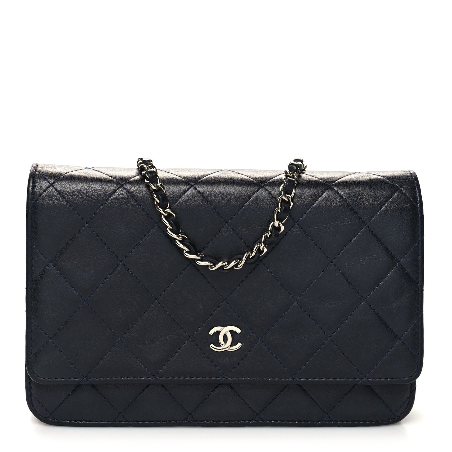Lambskin Quilted Wallet On Chain WOC Navy Blue