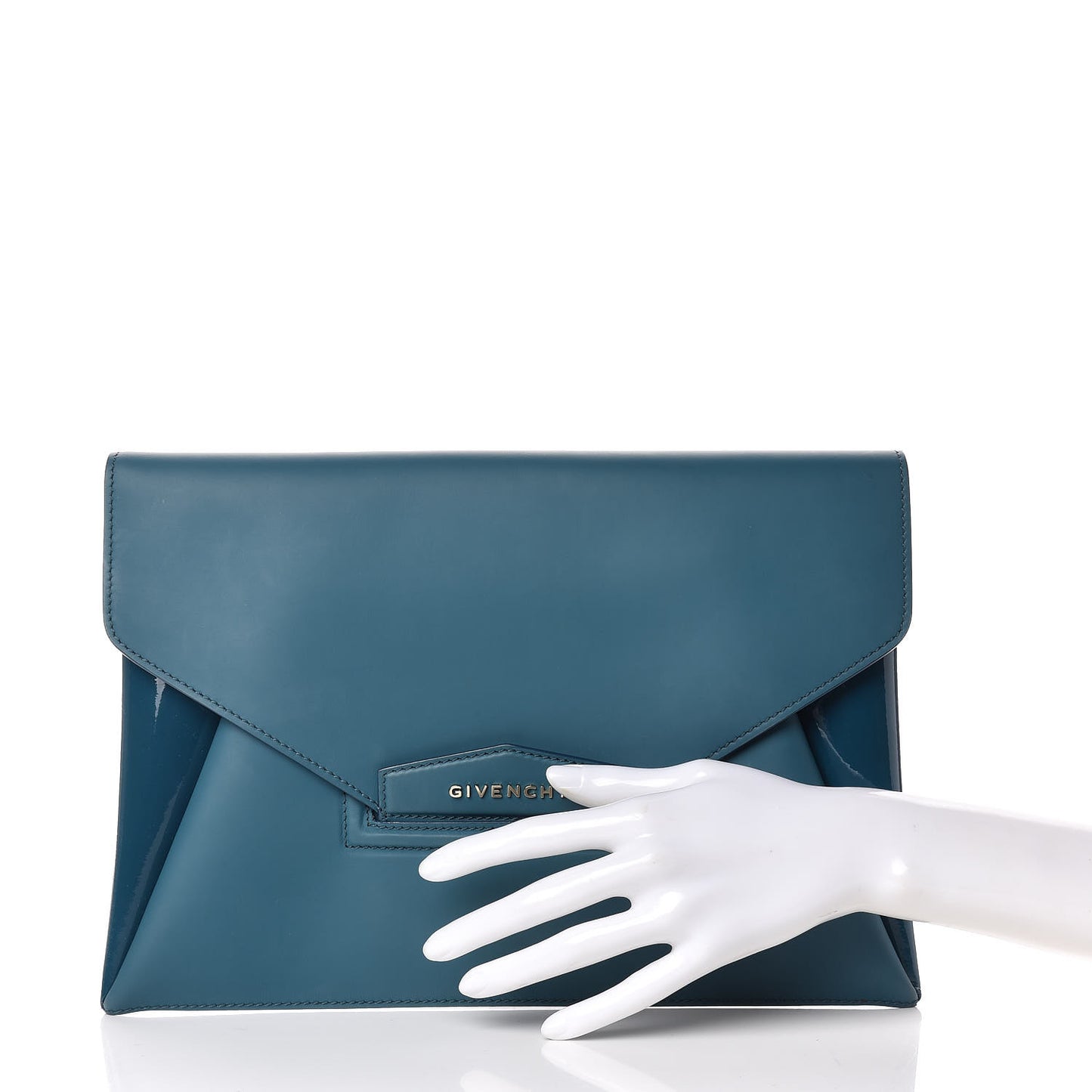 Rubber Effect Calfskin Patent Medium Antigona Envelope Clutch Petrol Blue