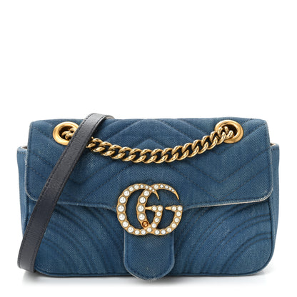 Gucci Denim Matelasse Mini Pearly GG Marmont Shoulder Bag Blue 1 of 31