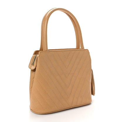 Chanel Caviar Chevron Tassel Tote Beige 3 of 10