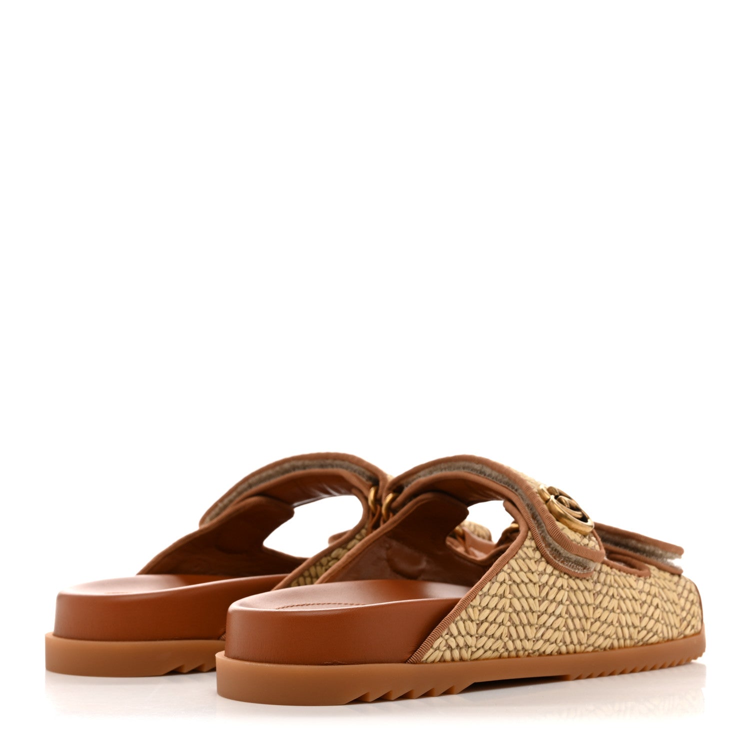 Gucci GG Raffia Womens Slide Sandals With Straps 37.5 Natural Harness Brown 5 of 10