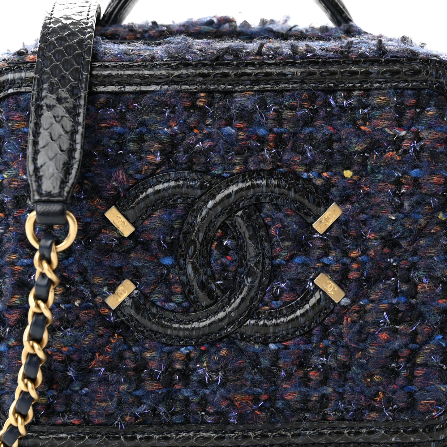 Tweed Snakeskin Quilted Small CC Filigree Vanity Case Navy Multicolor