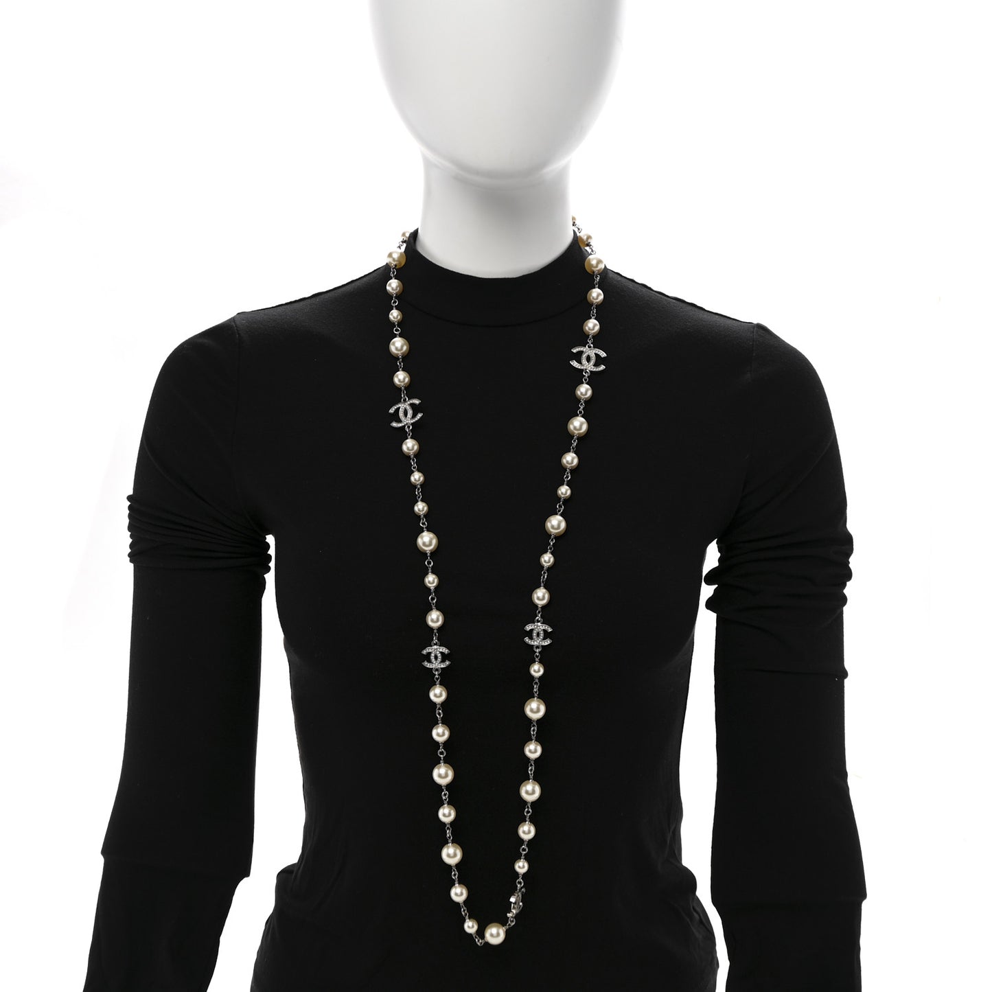 Crystal Pearl CC Long Necklace Silver