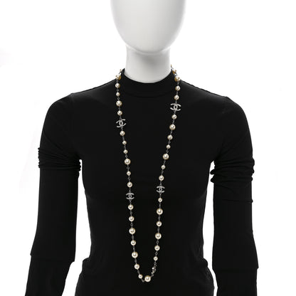 Chanel Crystal Pearl CC Long Necklace Silver 2 of 6