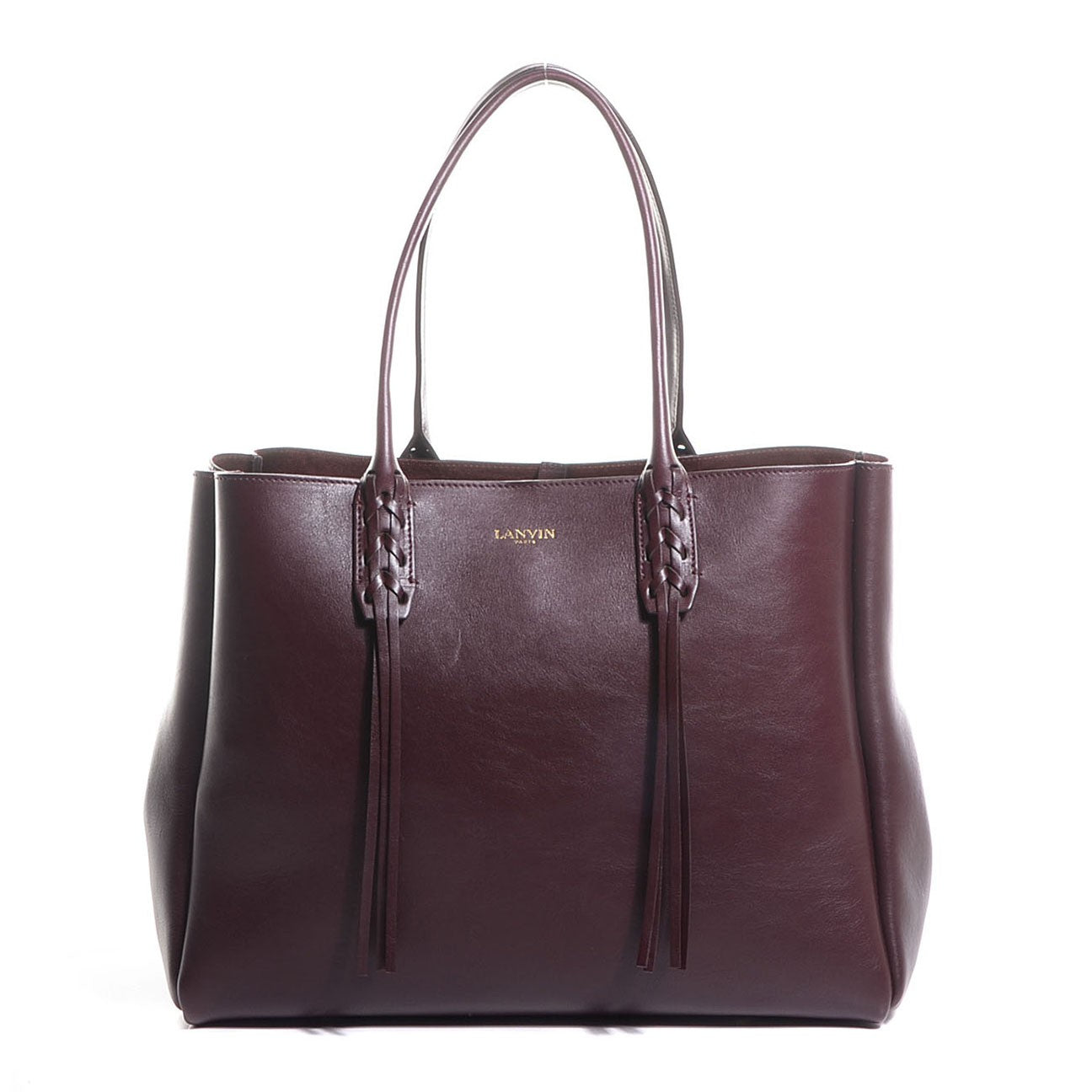 LANVIN Smooth Calfskin Small Fringe Shopper Tote Aubergine