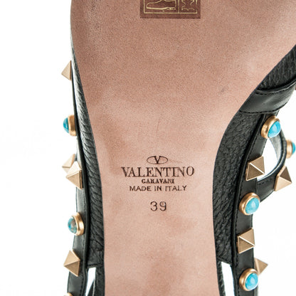 Valentino Garavani Pebbled Calfskin Turquoise Rockstud Rolling Ankle Strap 100mm Pumps 39 Black 6 of 7