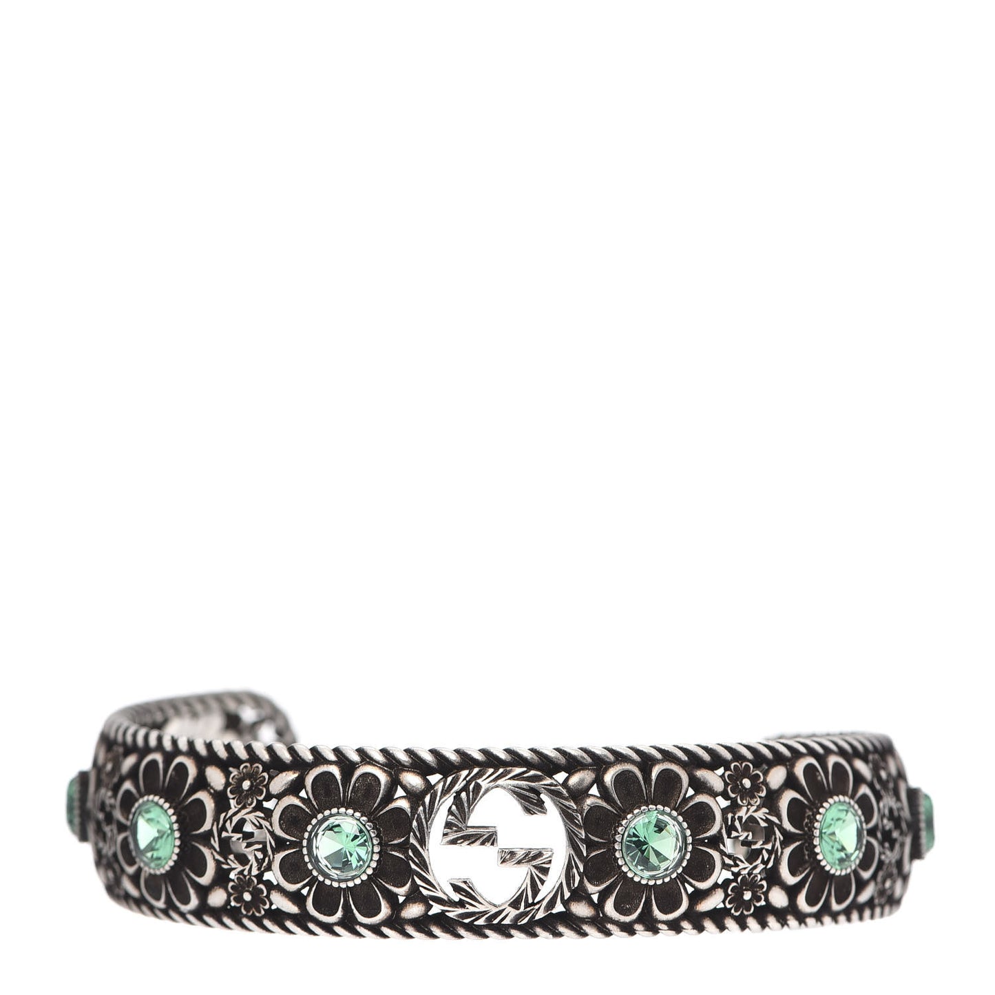 Sterling Silver Crystal Garden Interlocking G Cuff Bracelet Green