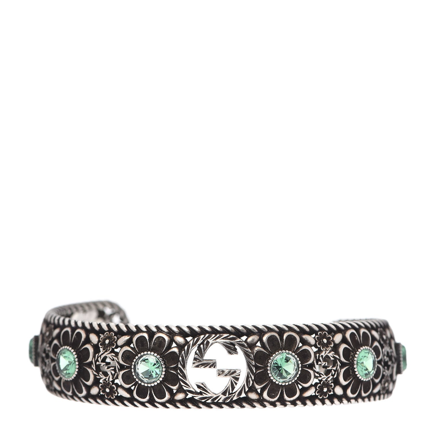 Gucci Sterling Silver Crystal Garden Interlocking G Cuff Bracelet Green 1 of 5