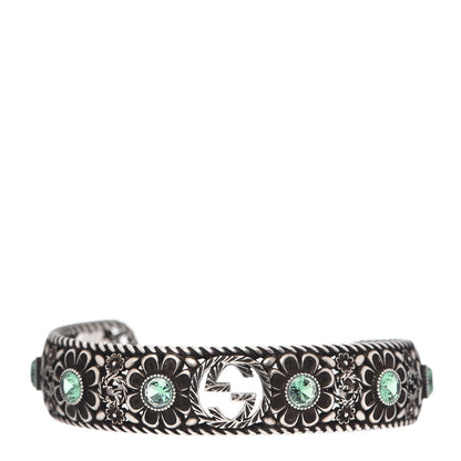 Gucci Sterling Silver Crystal Garden Interlocking G Cuff Bracelet Green 1 of 5
