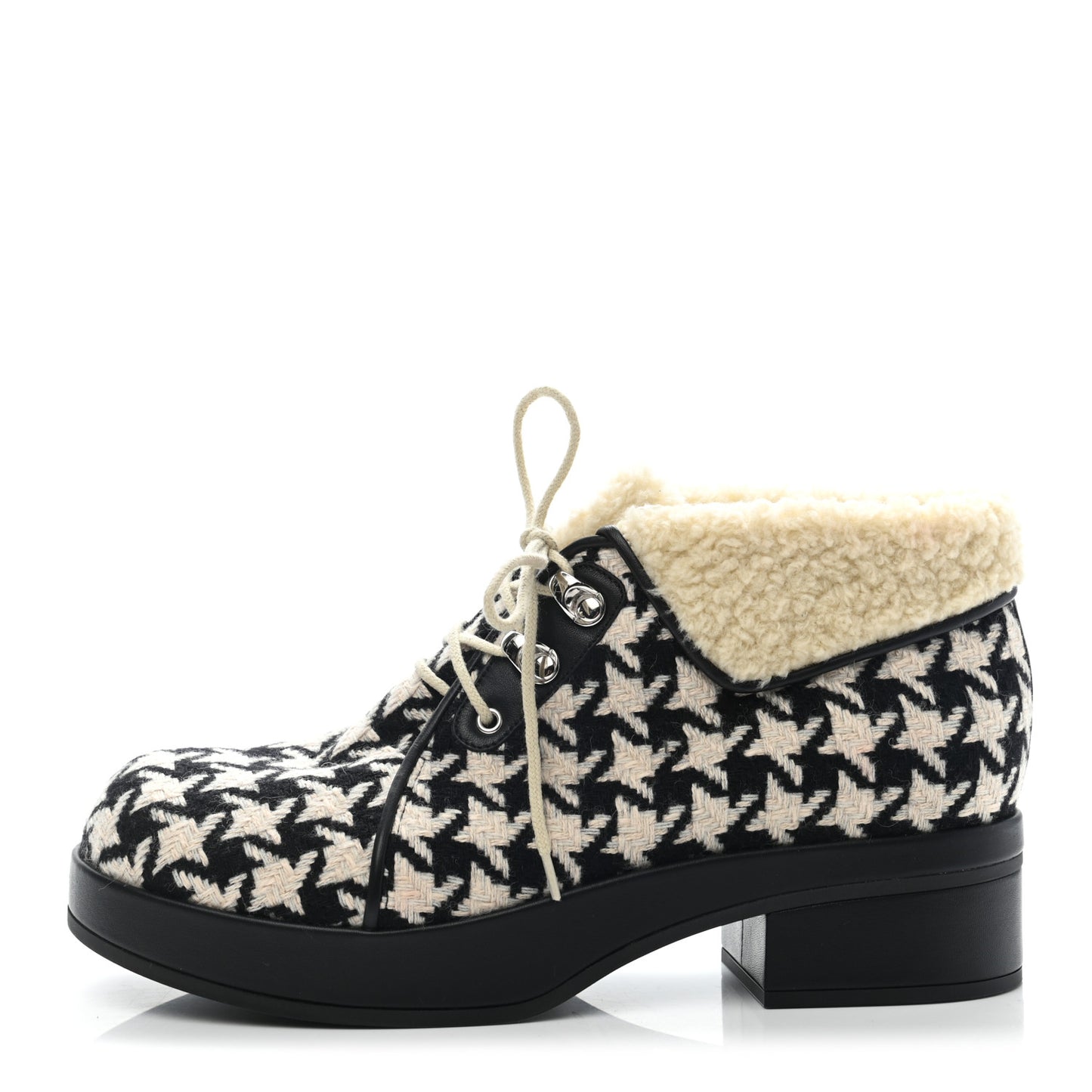 Optical Tweed Faux Shearling Houndstooth Victor Lace Up Ankle Boots 39.5 White Black