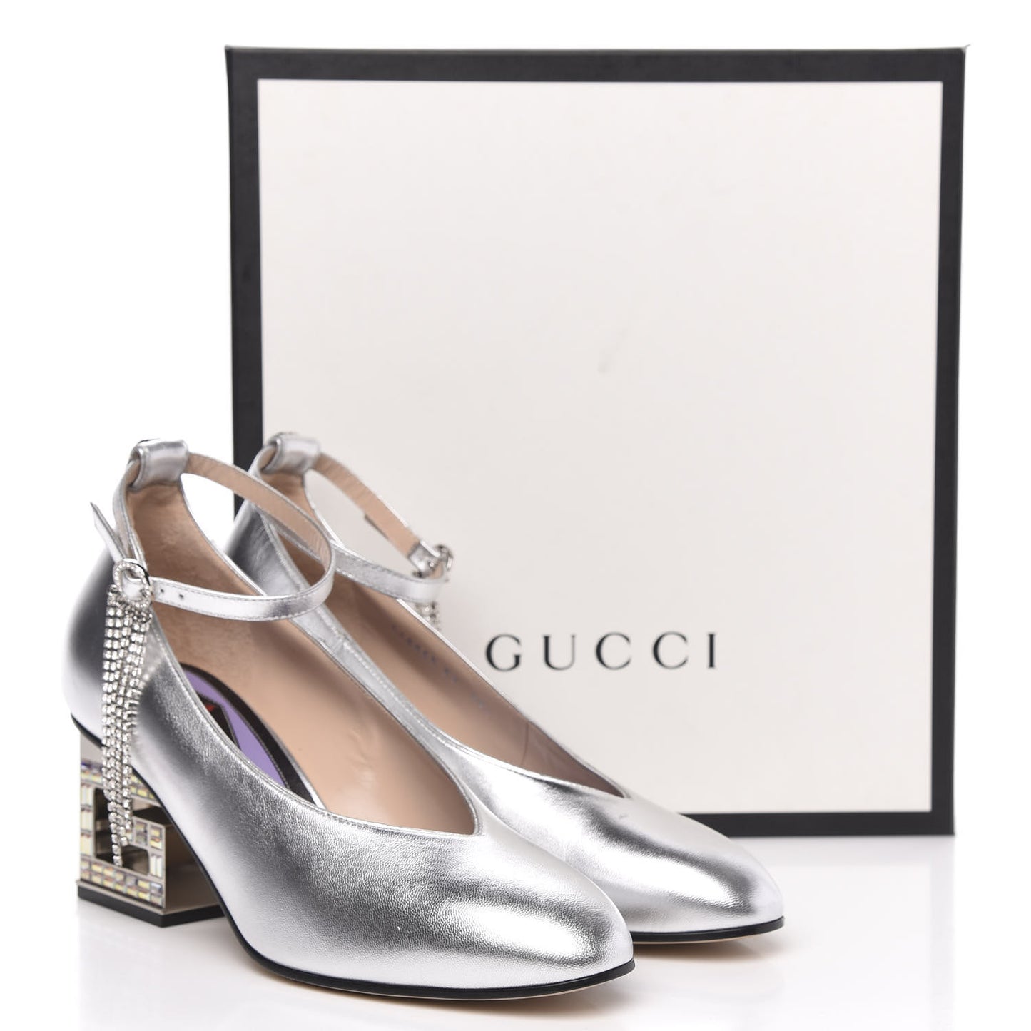 Metallic Nappa Crystal Square G Mid Heel Pumps 39 Silver