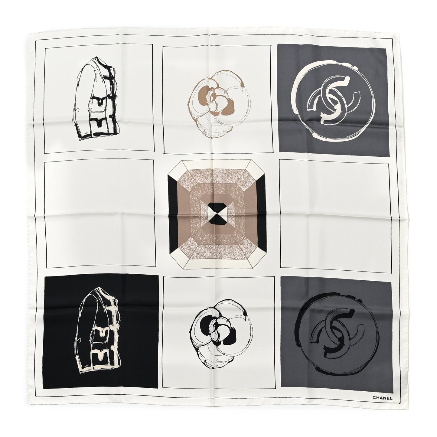 Silk Camellia Jacket Flower Print Scarf Dark White