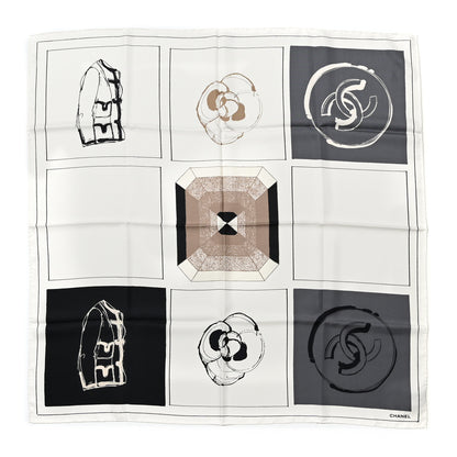 Chanel Silk Camellia Jacket Flower Print Scarf Dark White 1 of 4
