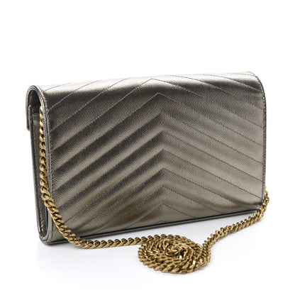 Saint Laurent Metallic Grain De Poudre Matelasse Chevron Monogram Chain Wallet Gold 4 of 11
