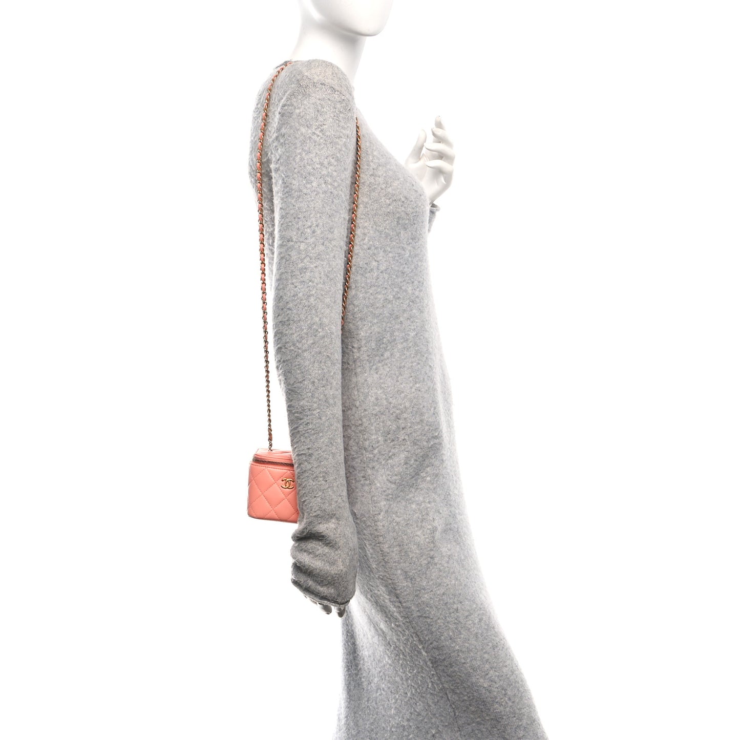 Lambskin Quilted Pearl Crush Mini Vanity Case With Chain Coral