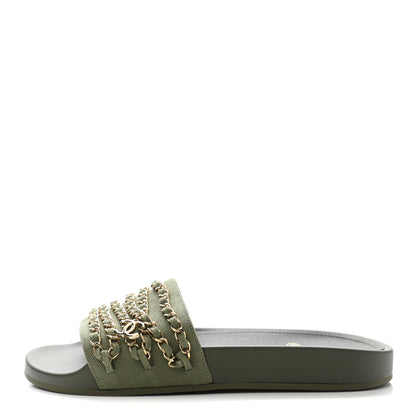 Chanel Canvas Chain Flat Sandals 38 Khaki 1 of 10