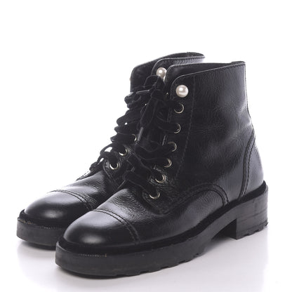 Chanel Calfskin Velvet Pearl Combat Short Boots 37 Black 3 of 8