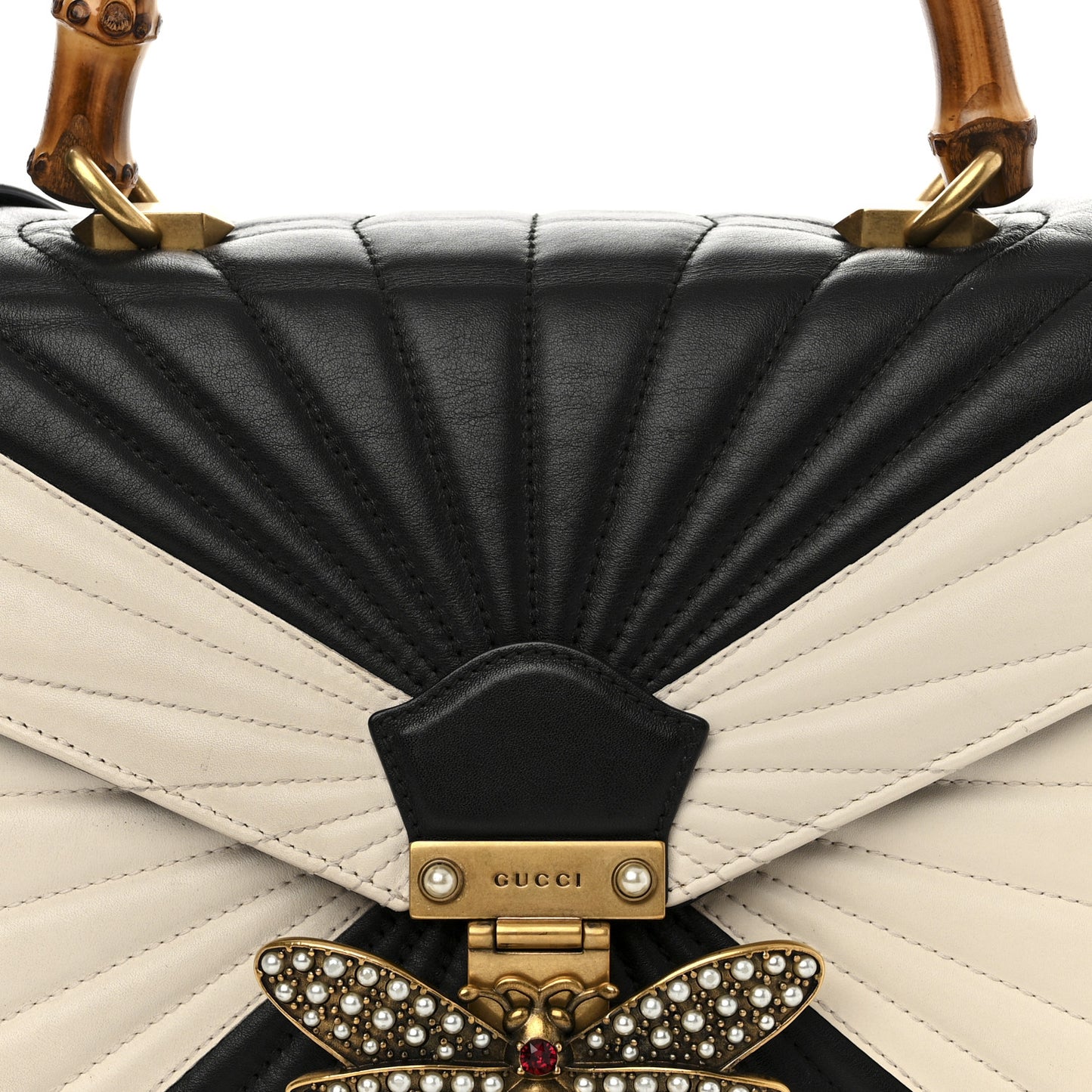 Calfskin Bamboo Trapuntata Queen Margaret Top Handle Bag Mystic White Black