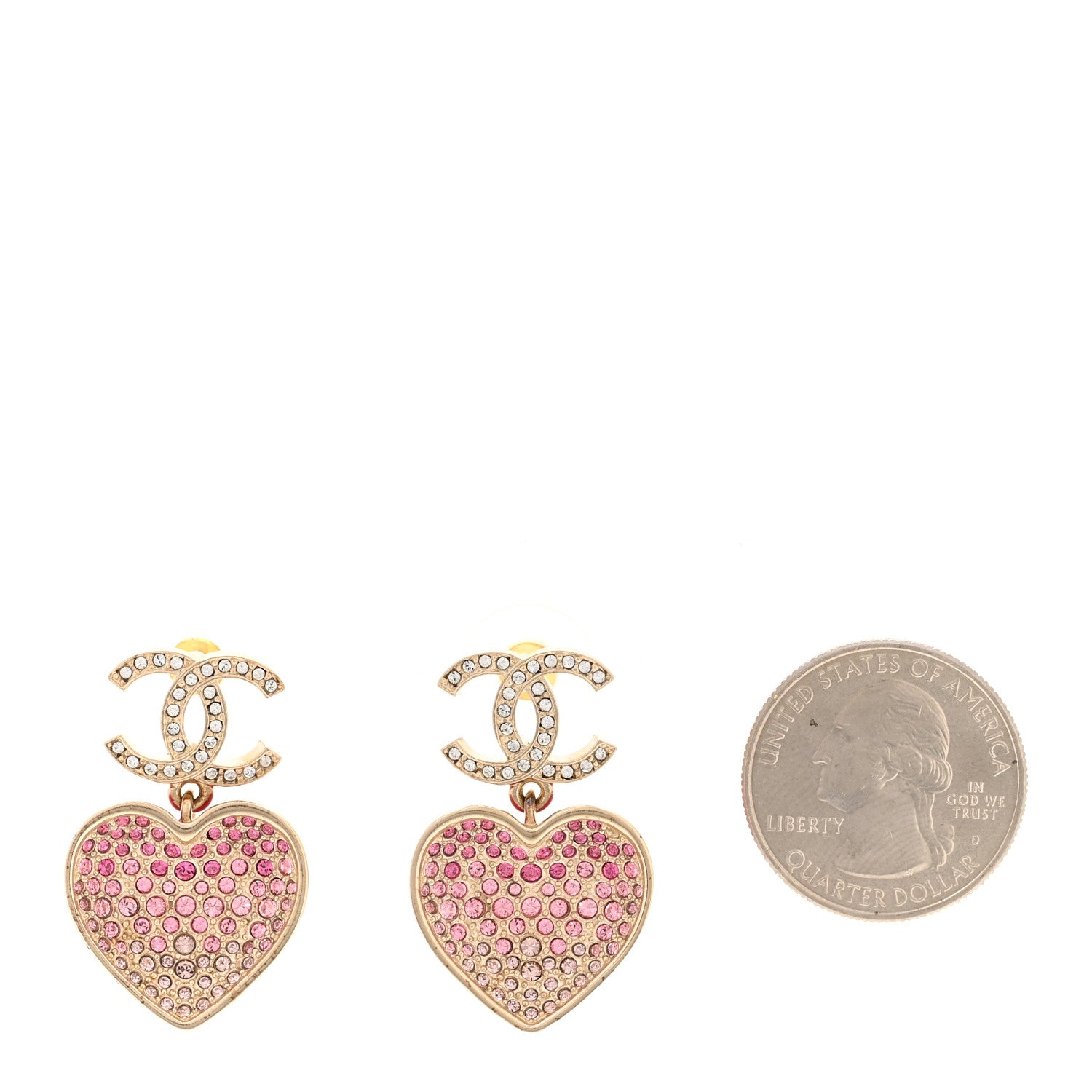 Chanel Crystal CC Resin Heart Drop Earrings Pink Gold 2 of 5