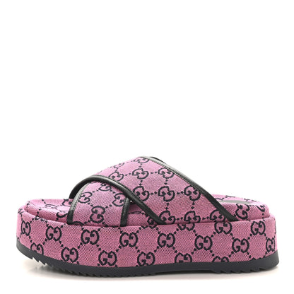 Gucci Monogram Multicolor Criss Cross Platform Slide Sandals 36.5 Pink Blue 1 of 9