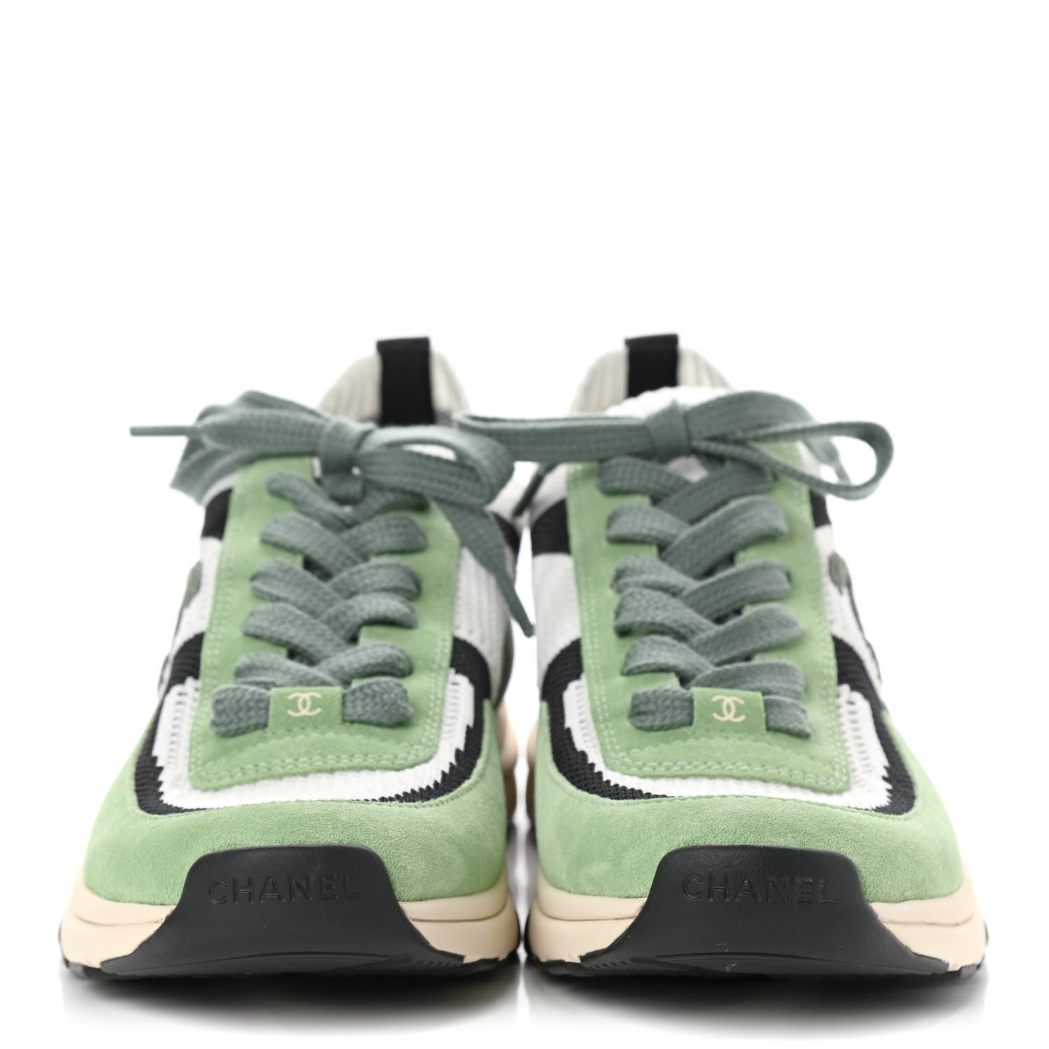 Chanel Knit Suede Fabric Womens CC Sneakers 41 Green Dark Green White Black 2 of 9