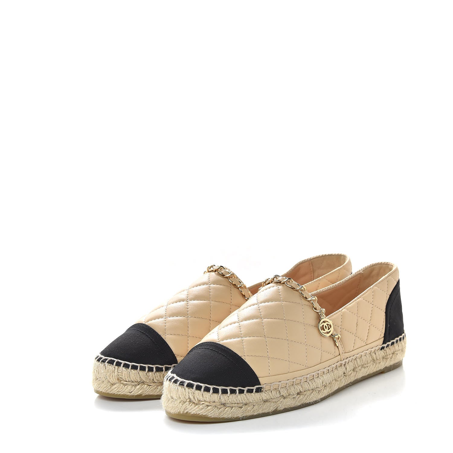 Chanel Lambskin Grosgrain Chain Quilted CC Espadrilles 40 Beige Black 2 of 9