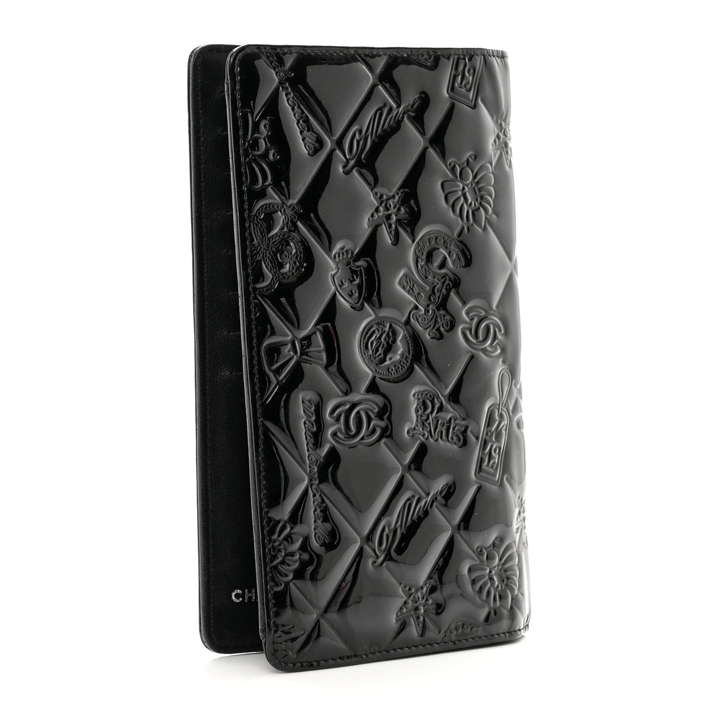 Patent Calfskin Lucky Symbols Yen Wallet Black