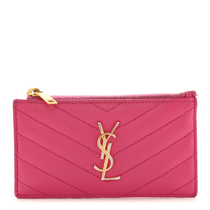 Saint Laurent Grain De Poudre Matelasse Chevron Monogram Fragments Zippered Card Case Fresh Fuxia 1 of 8
