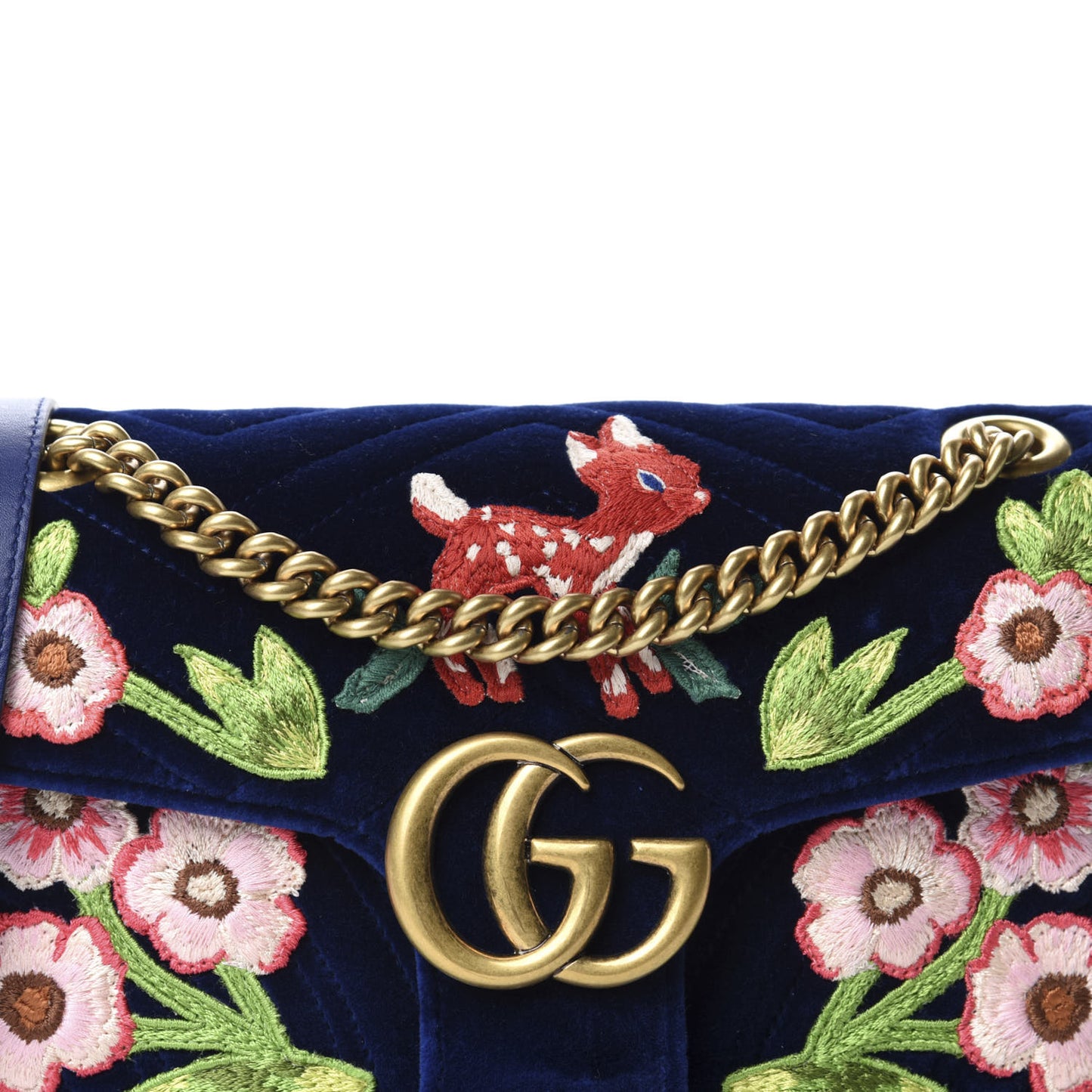 Velvet Matelasse Deer Embroidered Small GG Marmont Shoulder Bag Cobalt