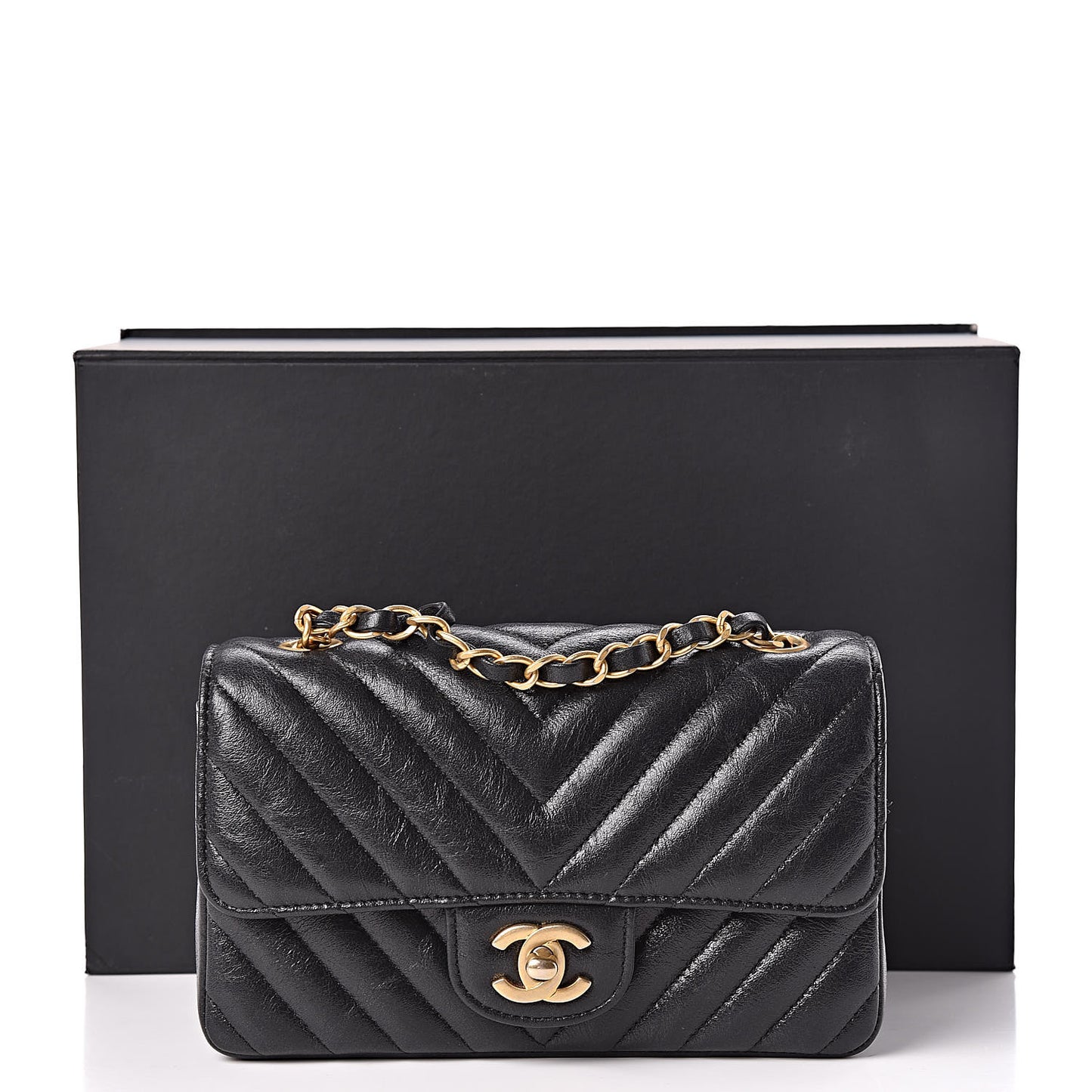 Iridescent Calfskin Chevron Quilted Mini Rectangular Flap Black
