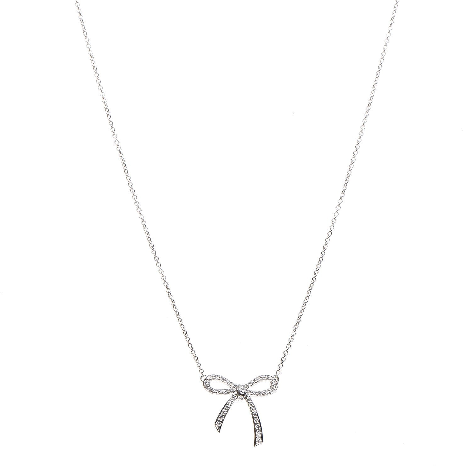 Tiffany Platinum Diamond Mini Bow Pendant Necklace 1 of 8