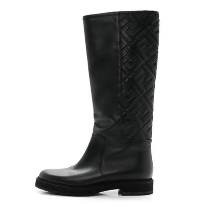 Fendi Vitello Nappa FF Embossed Tall Boots 38 Black 1 of 9