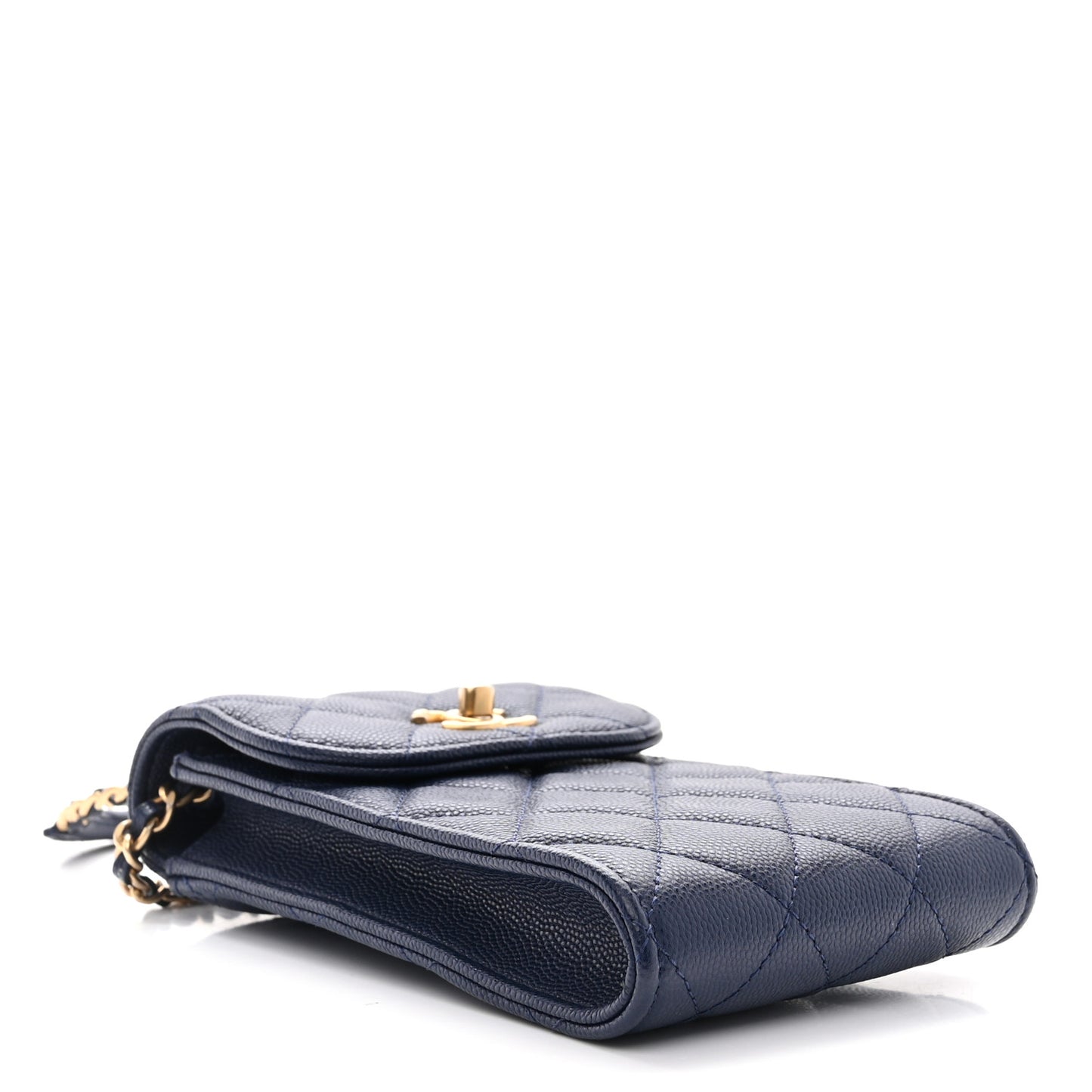 Caviar Quilted Chain Handle Round Phone Holder Dark Blue
