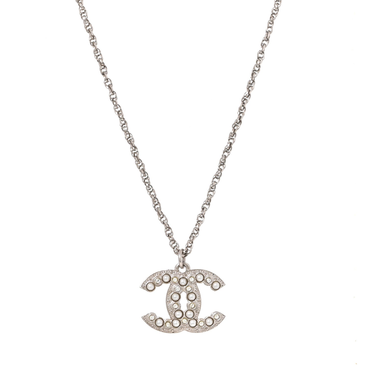 Chanel Crystal Pearl CC Necklace Silver 1 of 5