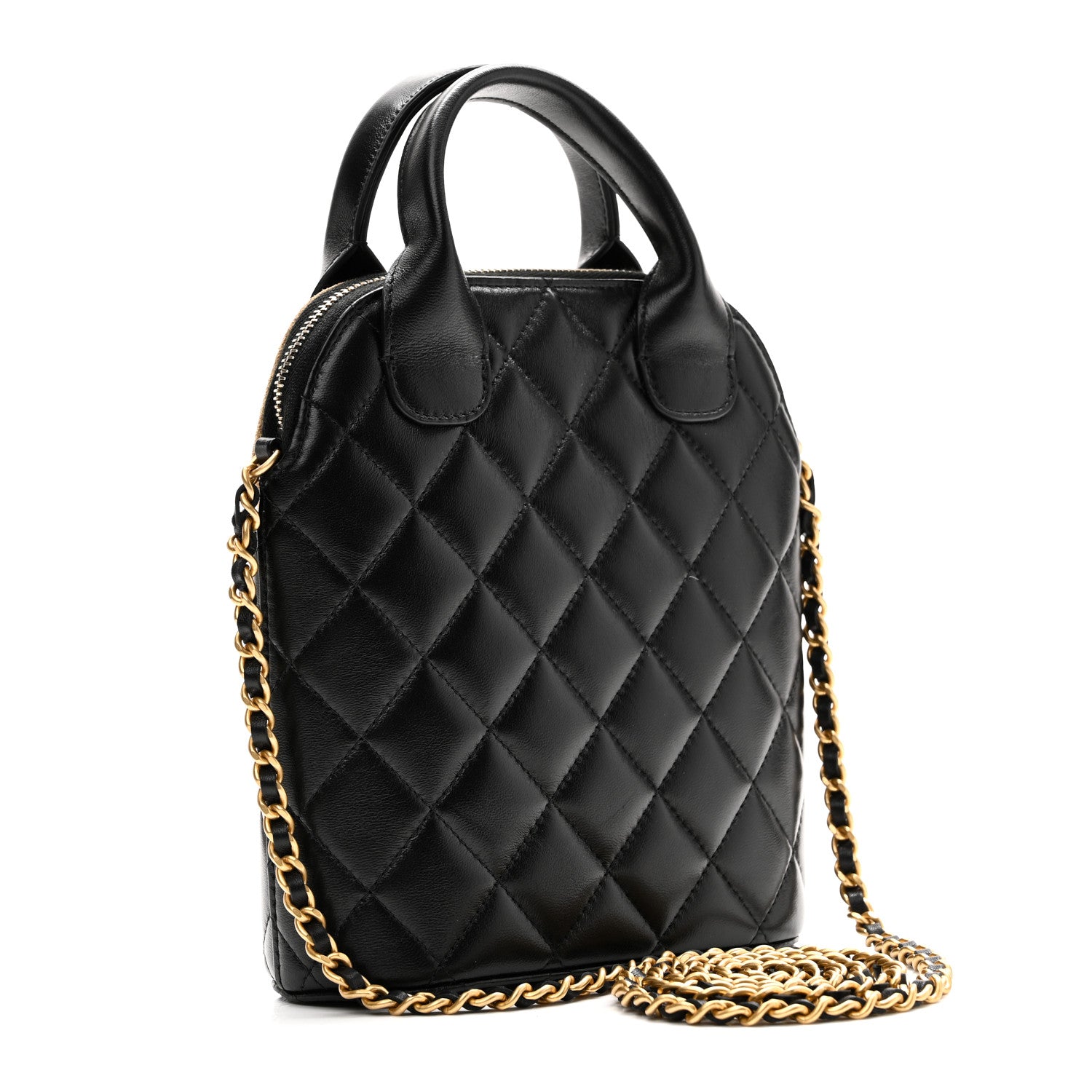 Chanel Suede Shiny Lambskin Quilted Top Handle Clutch With Chain Black Beige 3 of 10