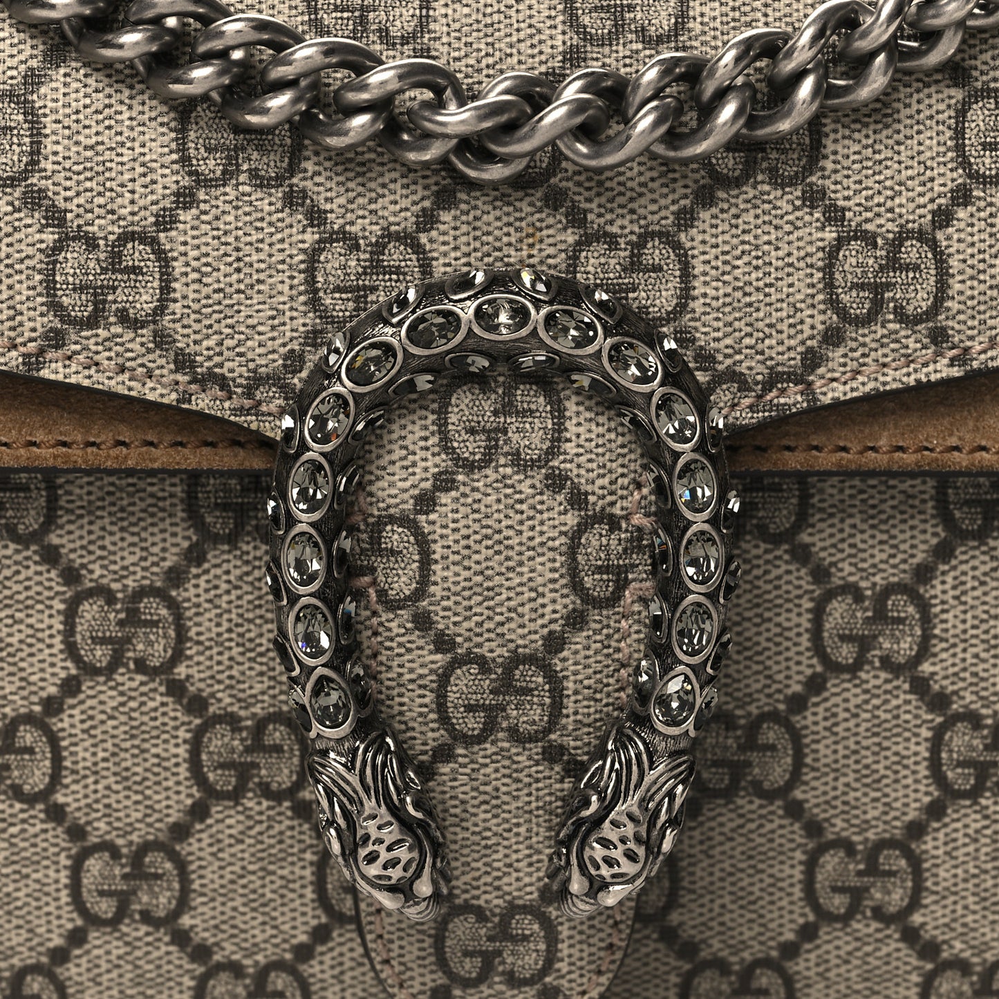 GG Supreme Monogram Suede Crystal Small Dionysus Shoulder Bag Beige Ebony Taupe