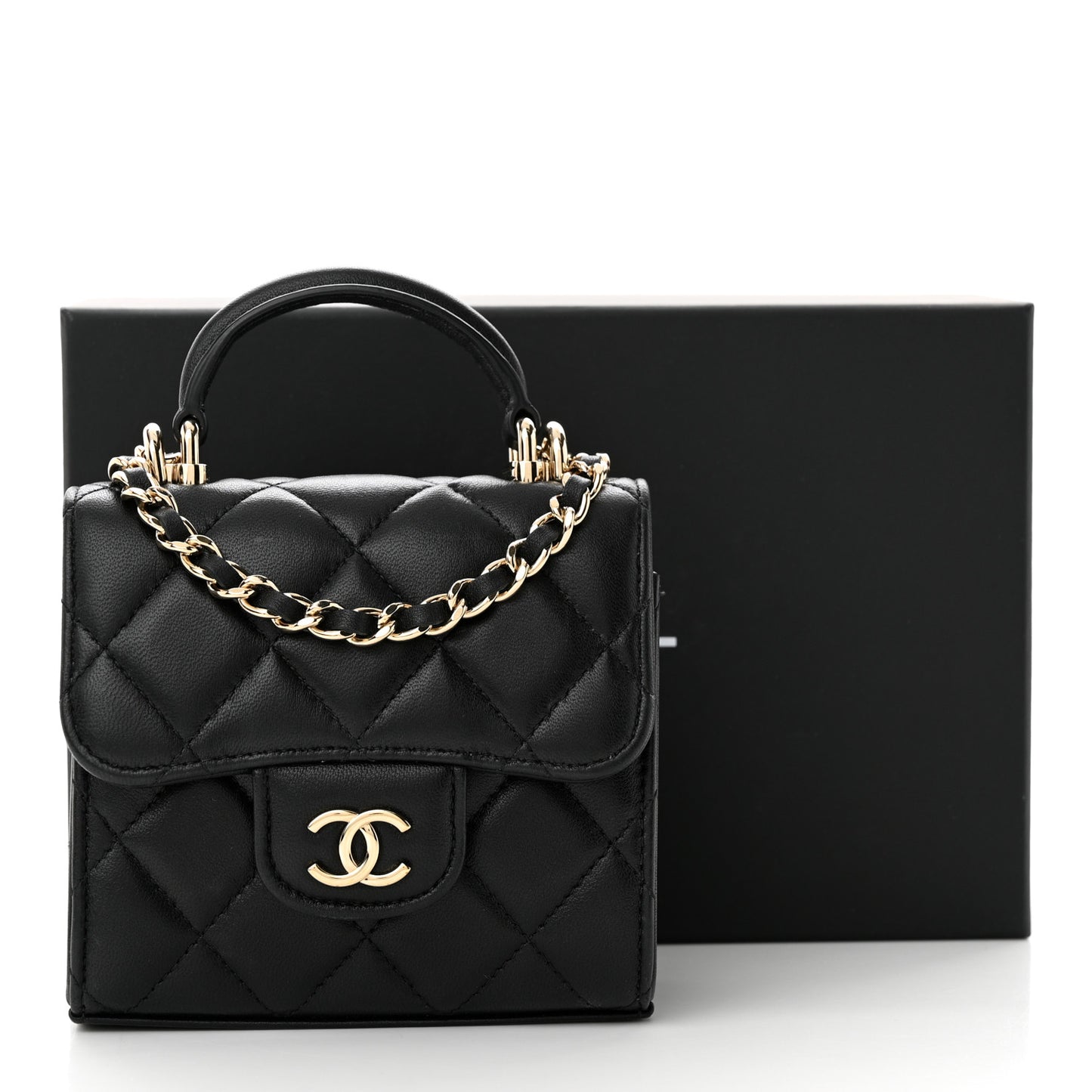 Lambskin Quilted Top Handle Flap Clutch With Chain Black