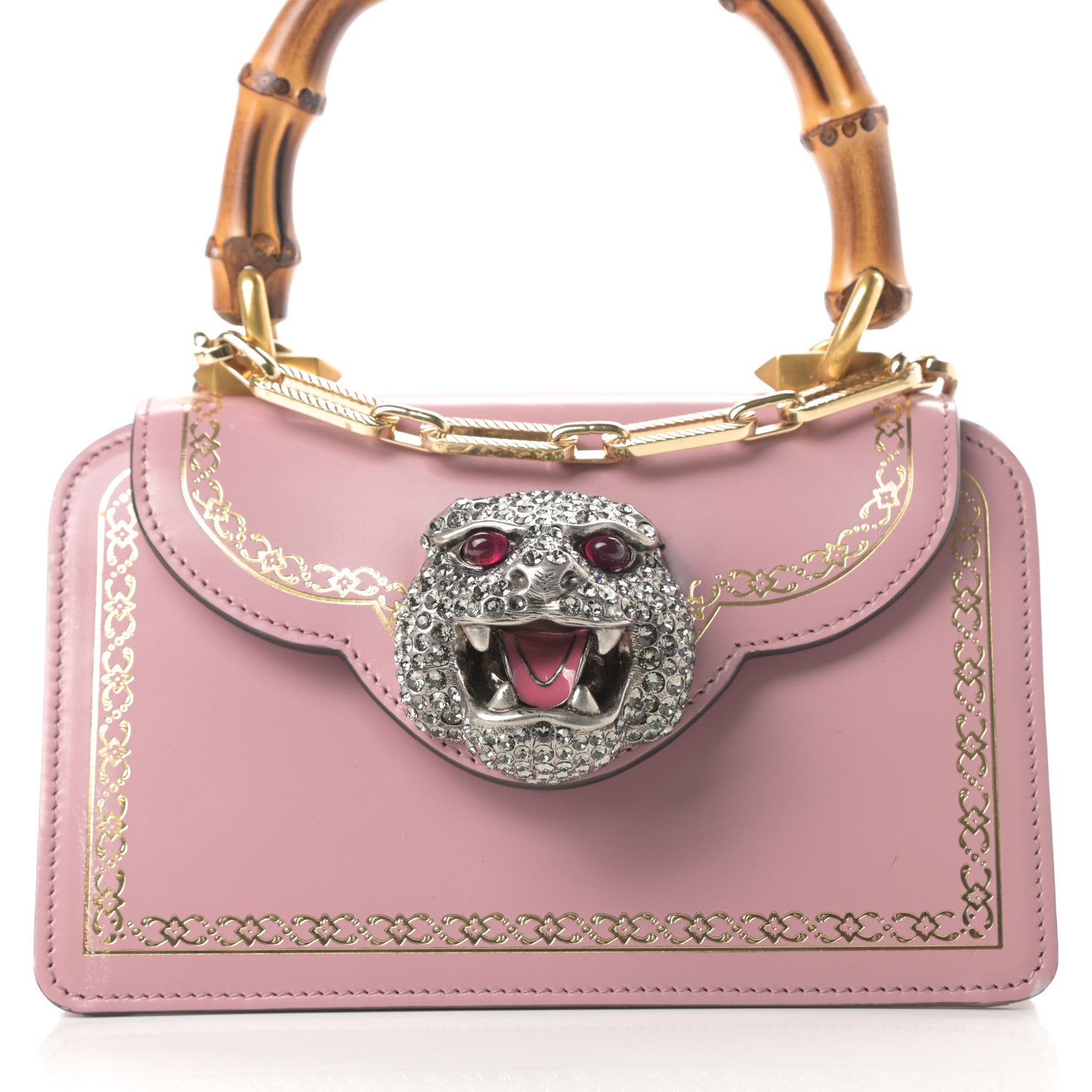 Gucci Calfskin Bamboo Crystal Mini Thiara Top Handle Bag Carmine Rose Gold 8 of 16