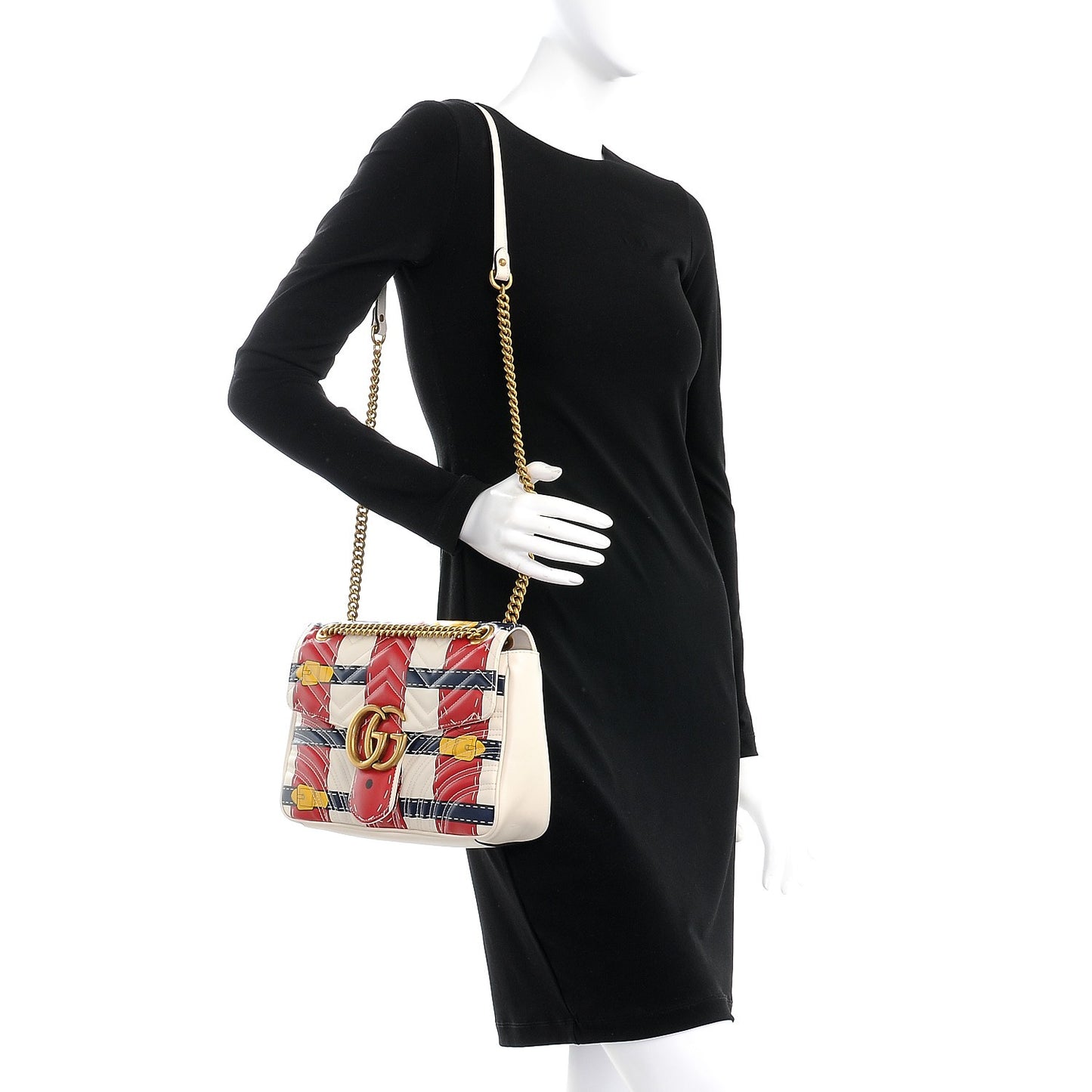 Calfskin Matelasse Trompe L'Oeil Print Medium GG Marmont Shoulder Bag Mystic White Hibiscus Red Marine Giallo