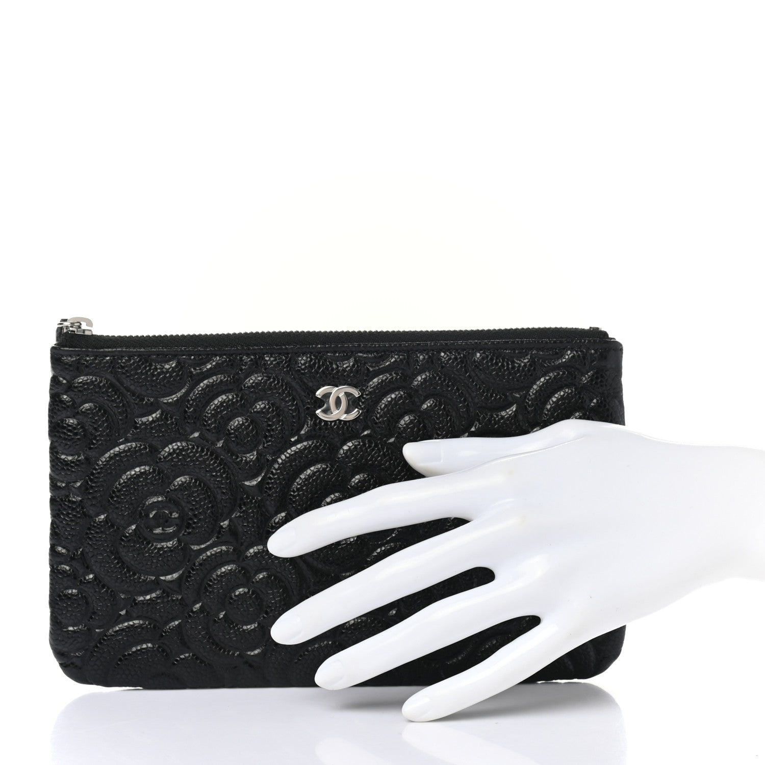 Chanel Caviar Camellia Embossed Cosmetic Pouch Black 2 of 7