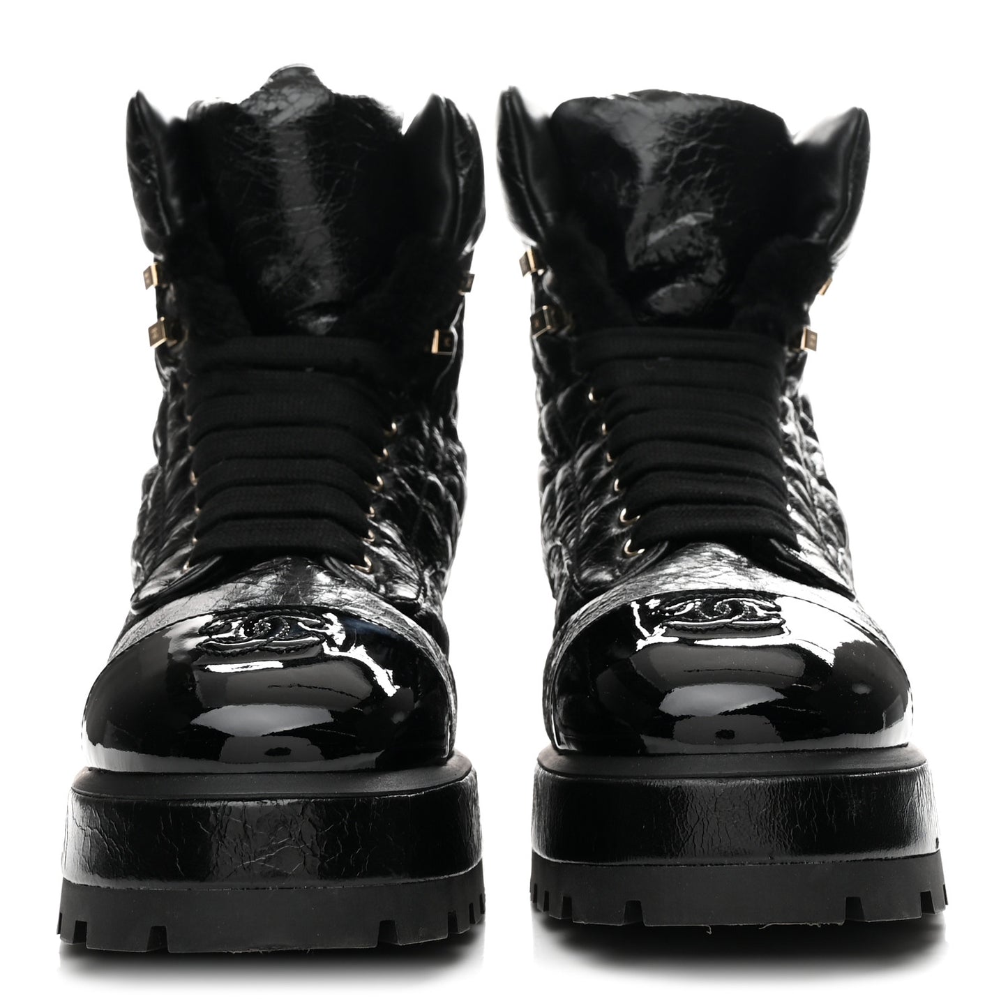 Crumpled Patent Lambskin Calfskin Quilted Lace Up Combat Boots 40.5 Black