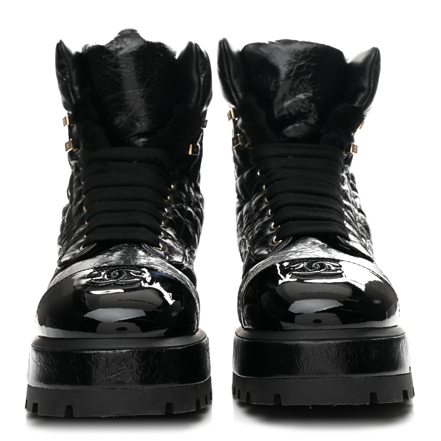 Chanel Crumpled Patent Lambskin Calfskin Quilted Lace Up Combat Boots 40.5 Black 3 of 9