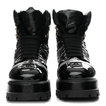 Chanel Crumpled Patent Lambskin Calfskin Quilted Lace Up Combat Boots 40.5 Black 3 of 9