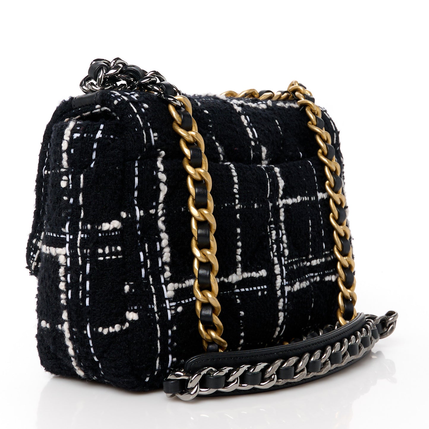 Tweed Quilted Medium Chanel 19 Flap Black White