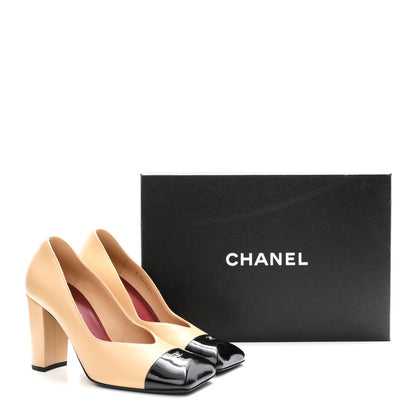 Chanel Lambskin Patent Calfskin Cap Toe Pumps 36.5 Black Beige 10 of 10