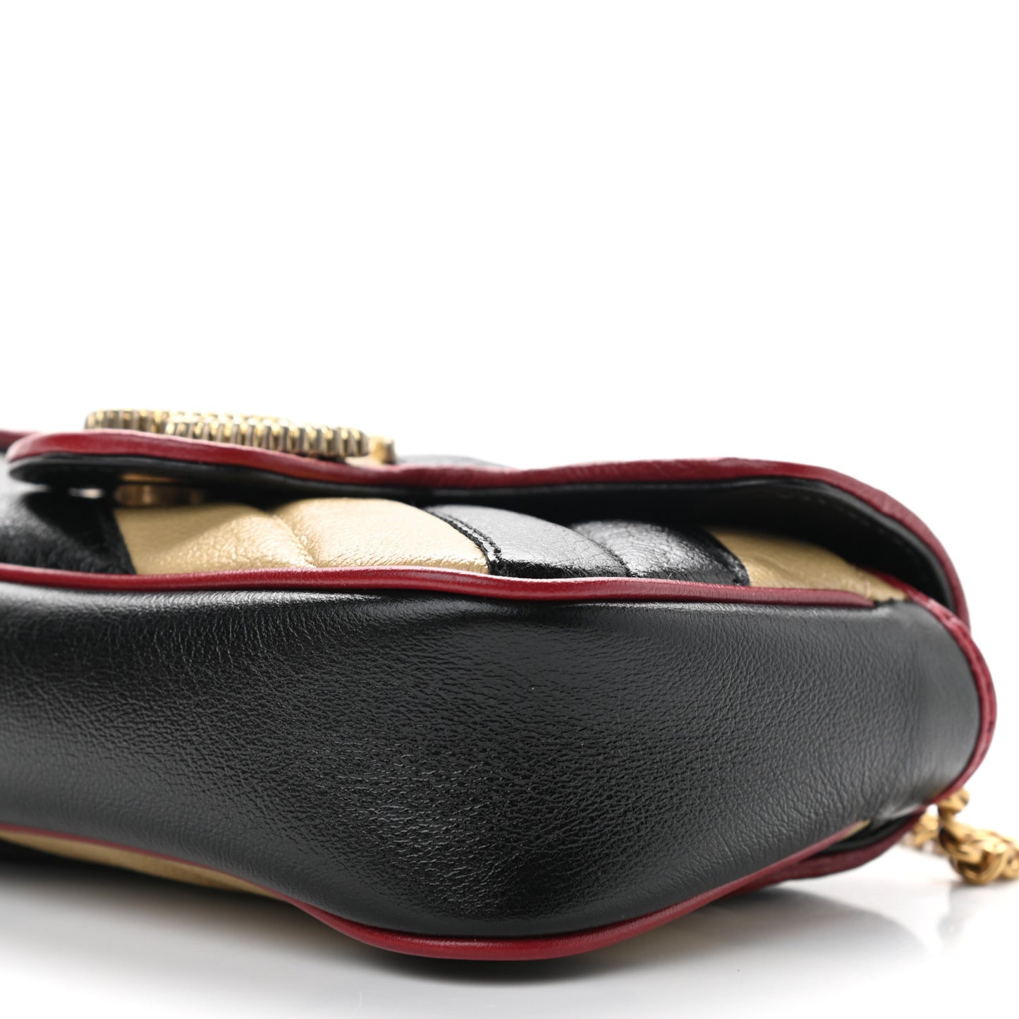 Vintage Effect Calfskin Matelasse Diagonal Striped Super Mini Torchon GG Marmont Shoulder Bag Black Beige